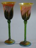 Two Lundberg Studios Iridescent Pulled Leaf Pattern Art Glass Goblets