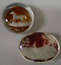 Two Bohemian Etched Amber and Ruby Flash Art Glass Paperweights