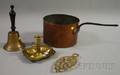 Copper Pot Schoolhouse Hand Bell a Brass Trivet and Candlestick