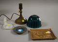 Small Emeralite Green Cased Glass and Metal Desk Lamp a French Opalescent Molded Glass Figural Pin Tray an Art Nouveau Bronze Figu