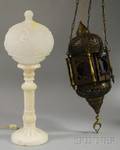 Neoclassical Carved Alabaster Lamp and a Near Eastern Reticulated Brass Hanging Lantern with Colored Glass Panels