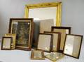 Molded Giltwood Framed Mirror Eight Small Framed Mirrors and a Victorian Wax Floral and Crucifix Still Life Shadow Box