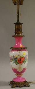 Giltbronzemounted Paris Porcelain Pinkbanded and Handpainted Floraldecorated Table Lamp