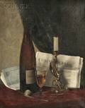 Clarence Drew Bartlett American b 1860 Still Life with Newspaper Candle Pipe and Wine Glass