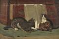 John Henry Dolph American 18351903 Mother Always Provides  A Genre Scene with Cat and Kittens
