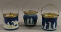 Three Wedgwood Silverplate Mounted Dark Blue Jasper Dip Biscuit Jars