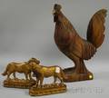 Folk Carved Wooden Rooster Figure and a Pair of Goldpainted Cast Iron St Bernard Figural Doorstops