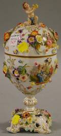 Dresden Handpainted Encrusted Porcelain and Transfer Genre Scenedecorated Covered Jar