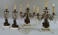 Two Pairs of Victorian Giltmetal Figural Girandole Candelabras and Candlesticks with Marble Bases and Prisms