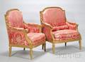 Pair of Large Louis XVIstyle Silk Damask Upholstered Carved Giltwood Bergeres
