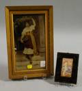 Framed Photographic Portrait Print and a Framed Small Enamel Plaque Depicting a Nude Woman at the Sea