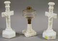 Pair of Pittsburgh Milk Glass Crucifix Candlesticks and a Kerosene Table Lamp Base
