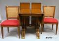 Mahogany Dropleaf Extension Dining Table and a Set of Four Kindel Caned and Upholstered Cherry Dining Chairs