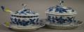 Two Meissen Blue Onion Pattern Porcelain Covered Sauce Tureens and a Ladle