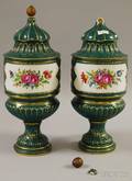 Pair of German Dresdentype Handpainted Floraldecorated Porcelain Urns with Covers