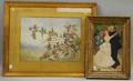 Two Framed 19th20th Century Floral Embroidered Panels a Framed Needlework Panel After Renoir and a Framed Watercolor of Apple Blo
