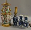 Chinese Export Porcelain Famille Rose VaseTable Lamp and Three Chinese Blue and Whitedecorated Porcelain Items