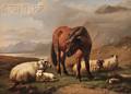 Daniel Adolphe Robert Jones Belgian 18061874 Highlands Landscape with Sheep and Pony Before a Loch