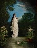 British School 19th Century Portrait of a Woman in White Beneath the Moon