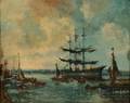 Evert Moll Dutch 18781955 View of a Tall Ship in a Harbor