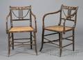 Pair of Regency Painted Fruitwood and Caned Open Armchairs