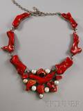 Contemporary Sterling Silver Branch Coral and Pearl Necklace
