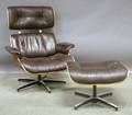 Eamesstyle Brown Naugahyde Upholstered Walnut Veneer Laminated Lounge Chair and Ottoman