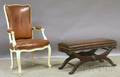 Louis XVstyle Brown Leather Upholstered Tallback Whitepainted Carved Wood Fauteuil and a Georgianstyle Leather Upholstered Mahog