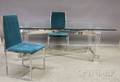 Glass and Lucite Dining Table with a Set of Six Modern Upholstered Metal Dining Chairs