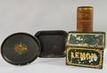 Two Tole Trays a Lithograph Retail Nuts Can and a Painted Tin Lemon Counter Bin
