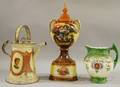 Transferdecorated Ceramic Pitcher an English Handpainted and Transferdecorated Ceramic Covered Urn on Pedestal and a Decorated 