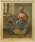 Wallace Bryant Beaupre Oil on Canvas Interior Scene of a Woman Spinning Wool