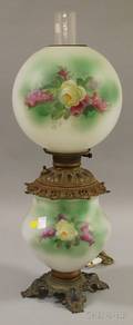 Late Victorian Rosedecorated Glass and Metal GonewiththeWind Kerosene Table Lamp