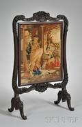 Victorian Carved Walnut Firescreen with Needlepoint 19th Century European Family Scene Panel