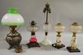 Five Late Victorian Decorated Glass and Metal Kerosene Table Lamps