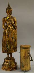 Asian Giltmetal Standing Figure of Buddha and Giltmetal Vessel