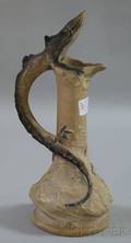 GermanBohemian Painted Ceramic Lizardhandled Ewer