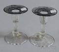 Pair of Steuben Colorless Glass Candleholders with Applied Black Threading