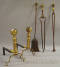 Brass Belted balltop Andirons a Shovel and Tongs Set with Other Tongs