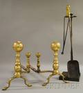 Pair of Brass Belted Balltop Andirons with Tongs and Shovel