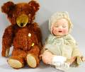 Large Composite Baby Doll with Brown Reticulated Acrylic Teddy Bear