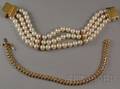 14kt Gold Triplestrand Pearl Bracelet and a 14kt Gold and Diamond Bracelet