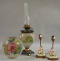 Pair of Dresdentype Porcelain Figural GroupTable Lamps and a Victorian Metalmounted Transfer Floraldecorated Opaque Glass Gonew