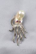 18kt White Gold Freshwater Pearl Ruby and Diamond Brooch