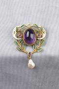 18kt Gold Amethyst Pliqueajour Enamel and Enamel Brooch