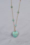 Art Nouveau 14kt Gold Turquoise and Diamond Heart Pendant and Longchain