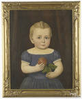American oil on canvas folk art portrait of a young boy ca 1840