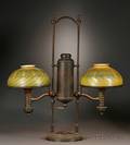Bronze Student Lamp with Tiffany Green Damascene Glass Shades