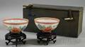 Pair of Japanese Peonydecorated Porcelain Bowls in Box with Carved Wood Stands