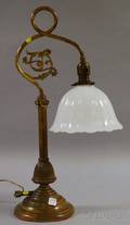 Late Victorian Brass Table Lamp with Milk Glass Shade